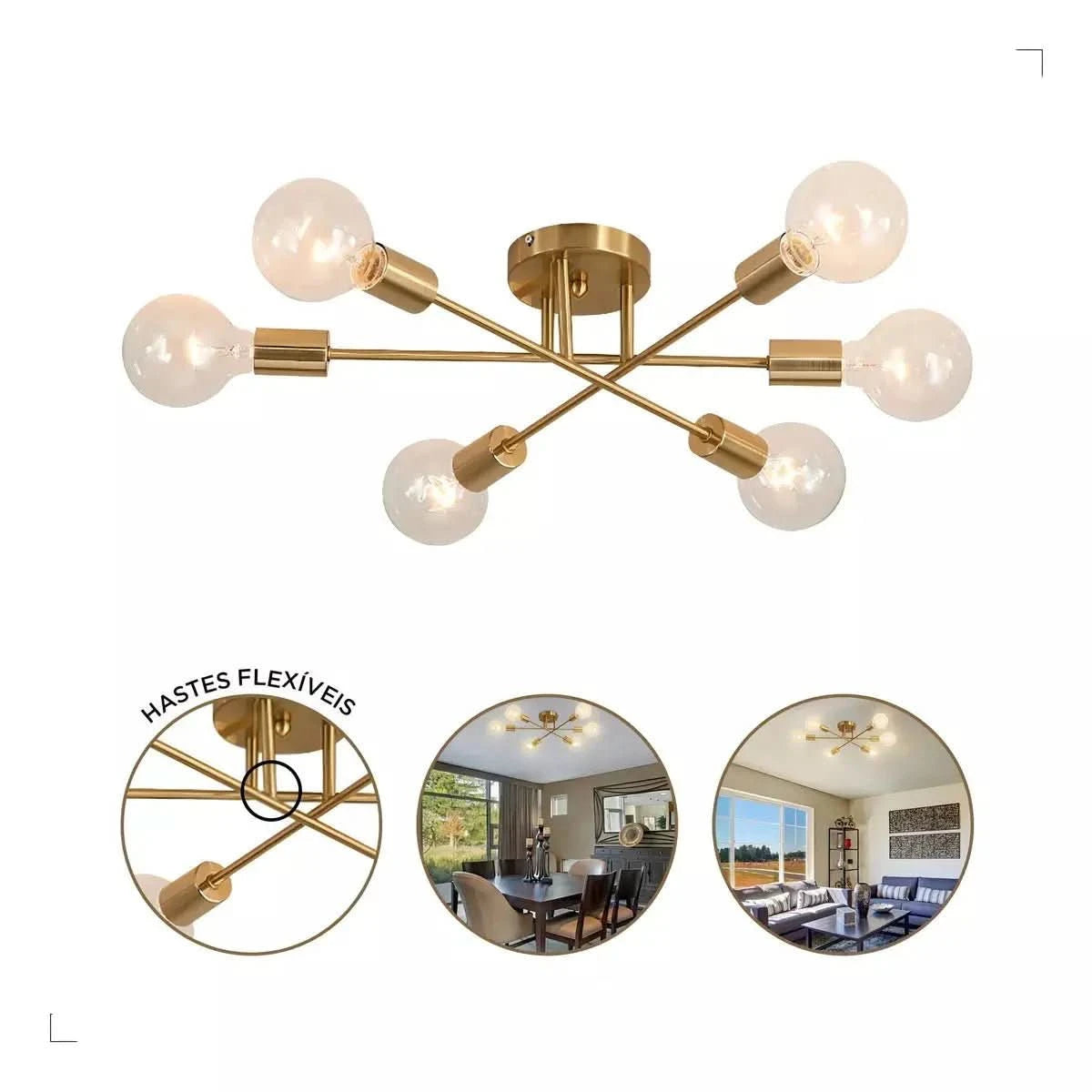 Lustre Para Sala Moderno Dourado 6 Lâmpadas | Morada Serena - Morada Serena