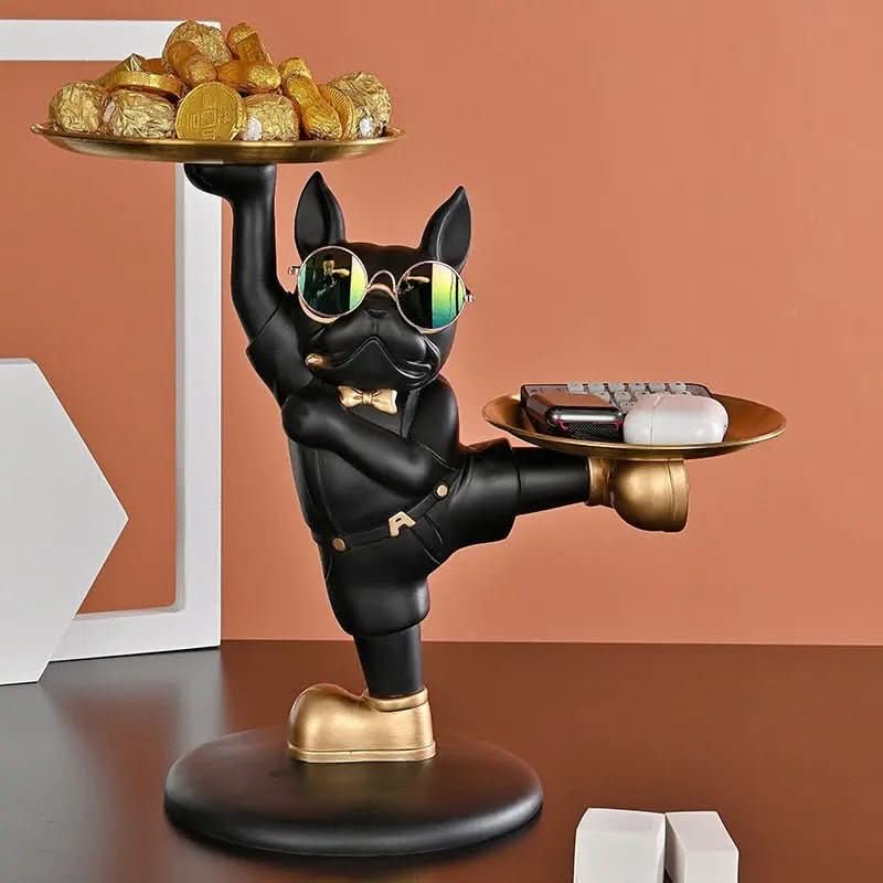 Escultura Bulldog Francês Mordomo KungFu com Bandeja Dupla - Estilo e Praticidade - Morada Serena