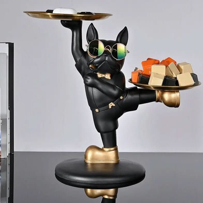 Escultura Bulldog Francês Mordomo KungFu com Bandeja Dupla - Estilo e Praticidade - Morada Serena