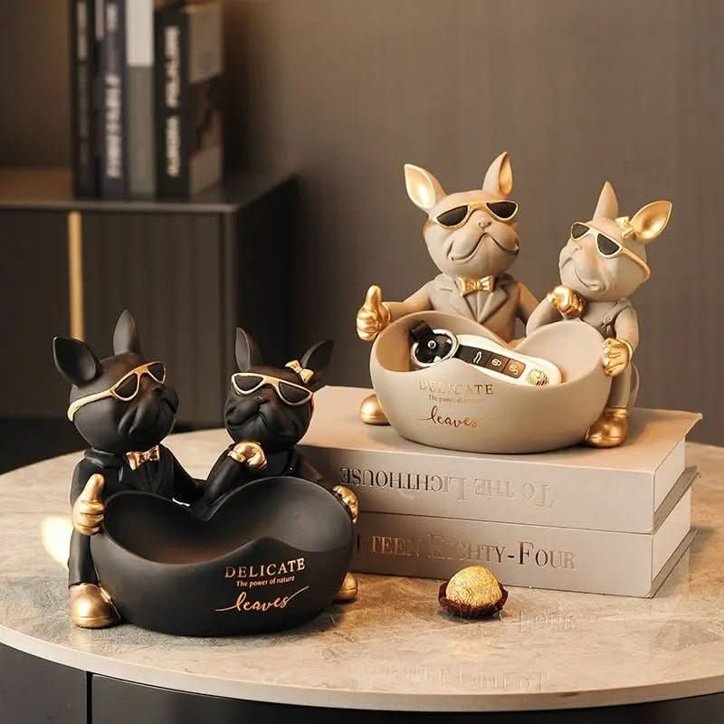 Estatueta Decorativa BullDog Francês Casal Edição Limitada - Suporte de Madeira Incluso - Morada Serena