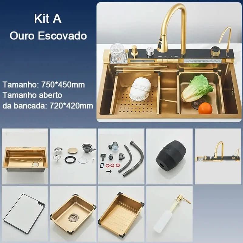 Kit Cuba Cozinha Cascata Gourmet Aço Inox Com Torneira Flexível - Morada Serena