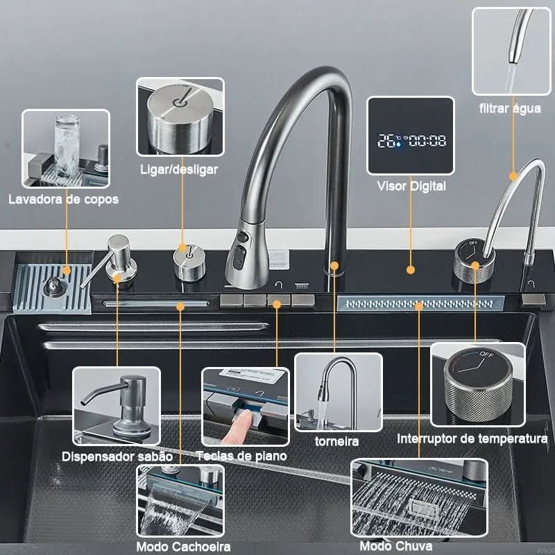 Kit Cuba Cozinha Cascata Gourmet Aço Inox Com Torneira Flexível - Morada Serena