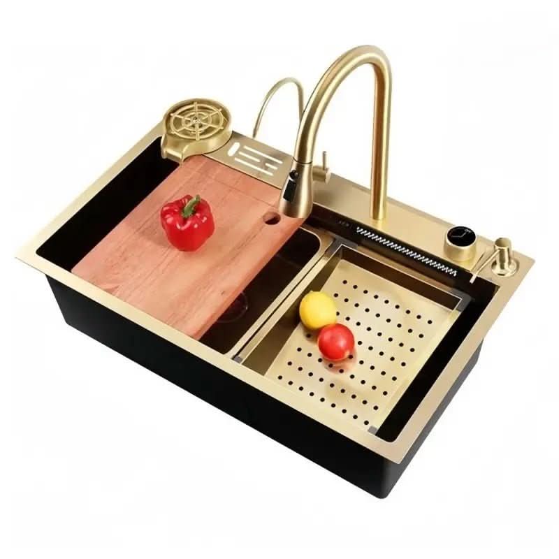 Cuba Pia Dourada Cozinha Gourmet Quadrada 75x45cm Aço Inoxidável 304 Com Acessórios Completos - Morada Serena