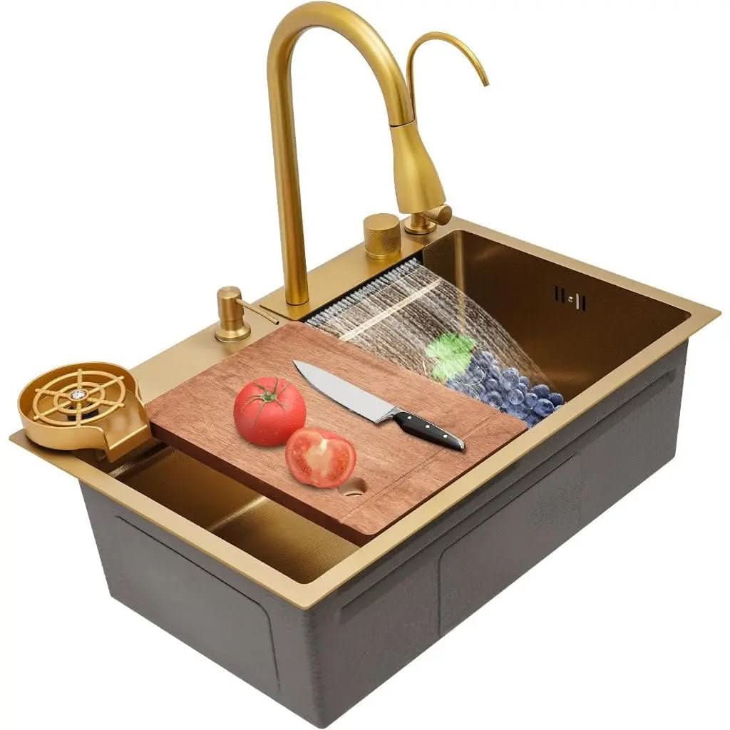 Cuba Pia Dourada Cozinha Gourmet Quadrada 75x45cm Aço Inoxidável 304 Com Acessórios Completos - Morada Serena