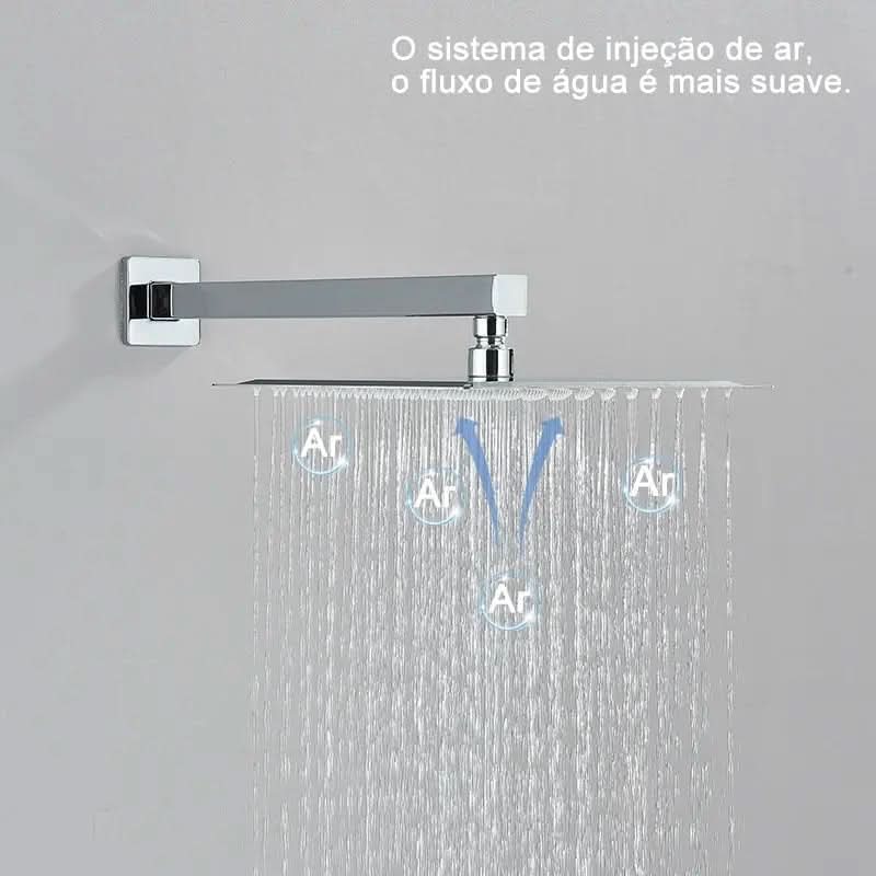 Kit Ducha Chuveiro 20×20cm Inox 304 Com Acabamentos Registros Preto/Cromado Para Chuveiro Banheiro - Morada Serena
