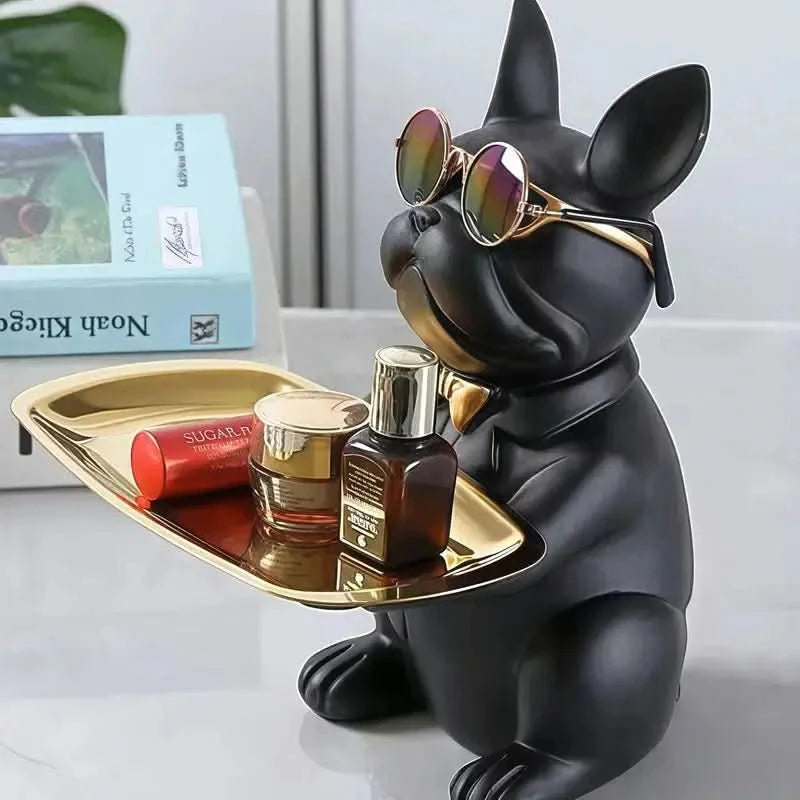 Escultura Cachorro Bulldog com Bandeja e Óculos - Morada Serena