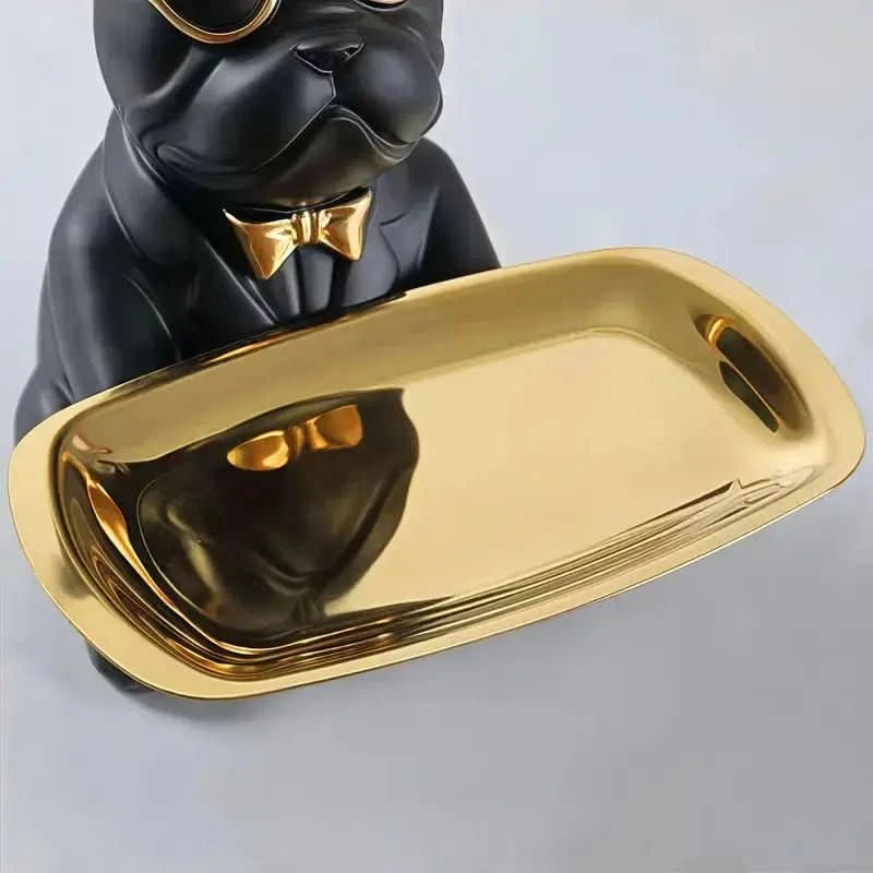 Escultura Cachorro Bulldog com Bandeja e Óculos - Morada Serena