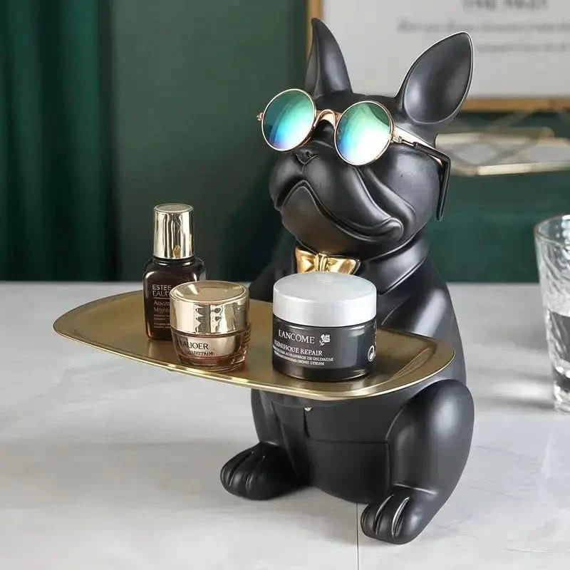 Escultura Cachorro Bulldog com Bandeja e Óculos - Morada Serena