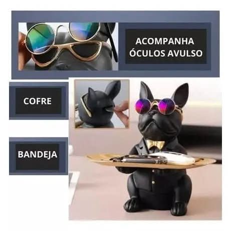 Escultura Cachorro Bulldog com Bandeja e Óculos - Morada Serena