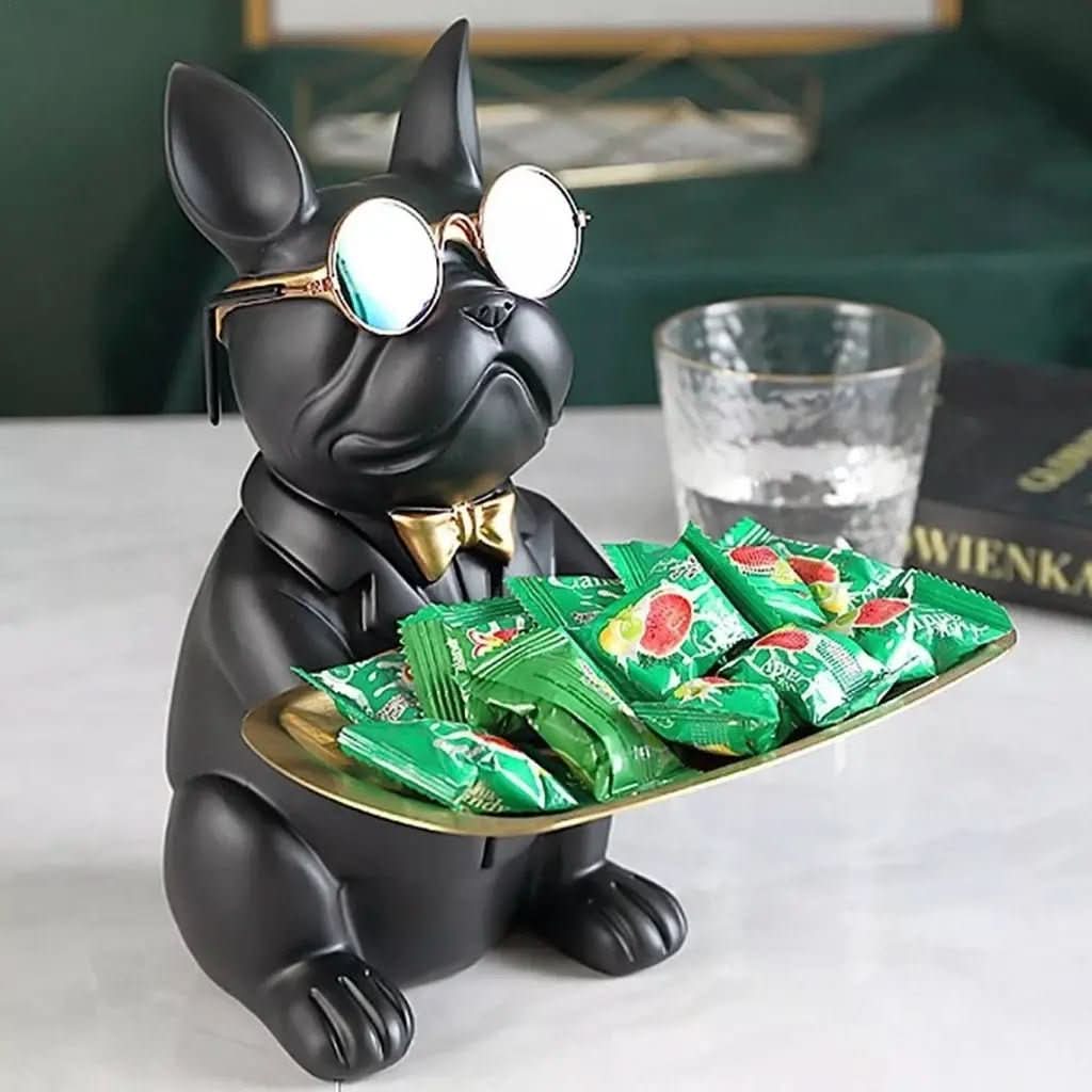 Escultura Cachorro Bulldog com Bandeja e Óculos - Morada Serena