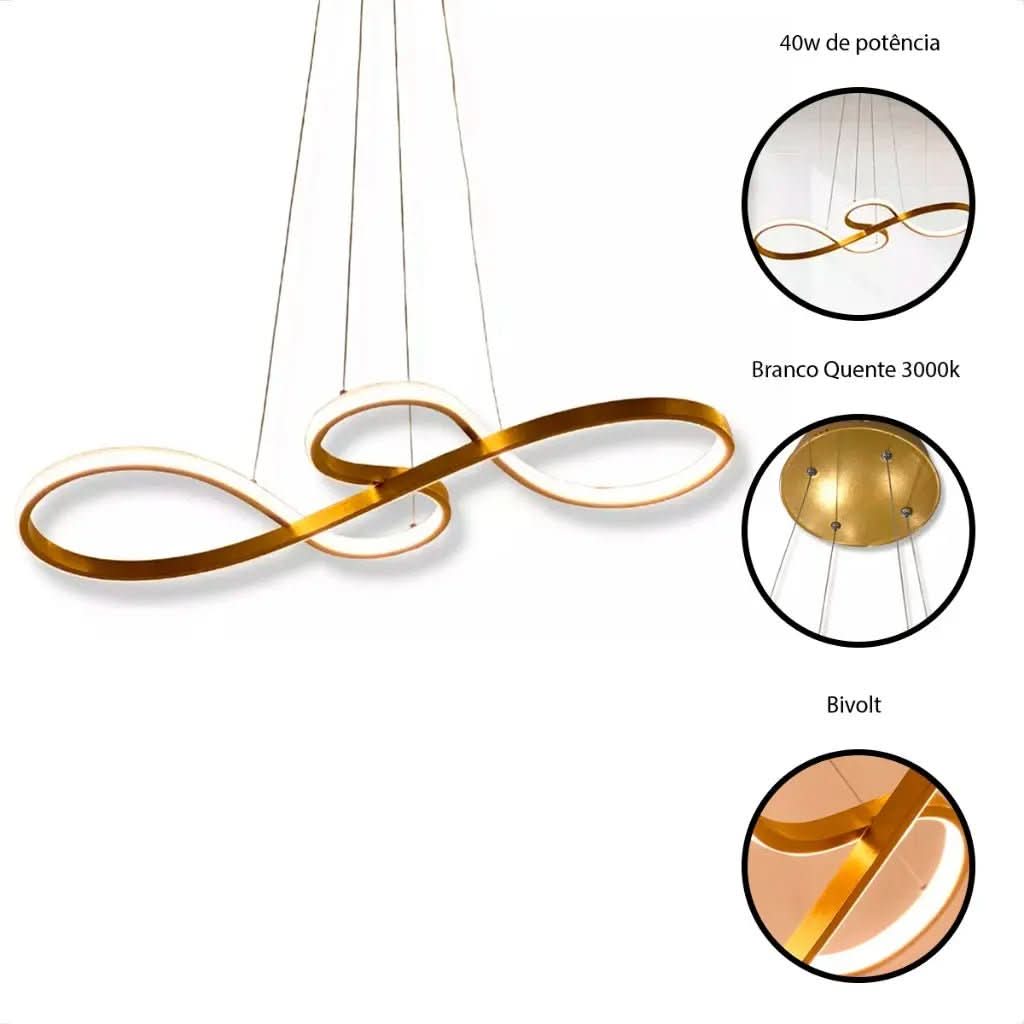 Lustre Pendente de Led 40w Dourado 75cm - 3 Cores de Luz para Iluminação Personalizada - Morada Serena