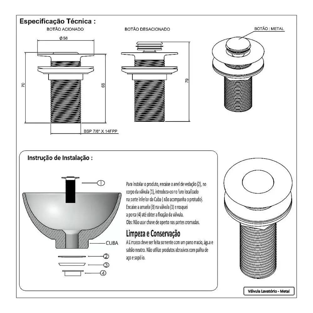 Válvula para Pia Click Up Inteligente 7/8 - Lavatório Banheiro E311 Preta - Design Funcional - Morada Serena