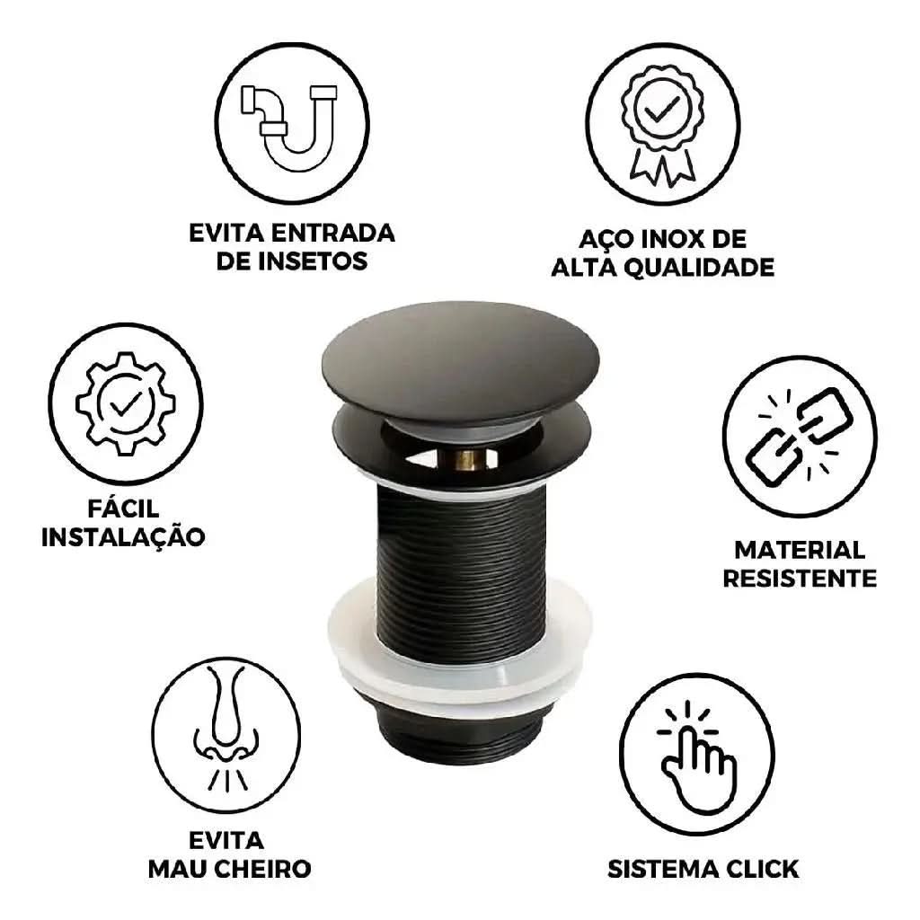 Válvula Click Inox Preto Black – Sofisticação para Cuba de Banheiro - Morada Serena
