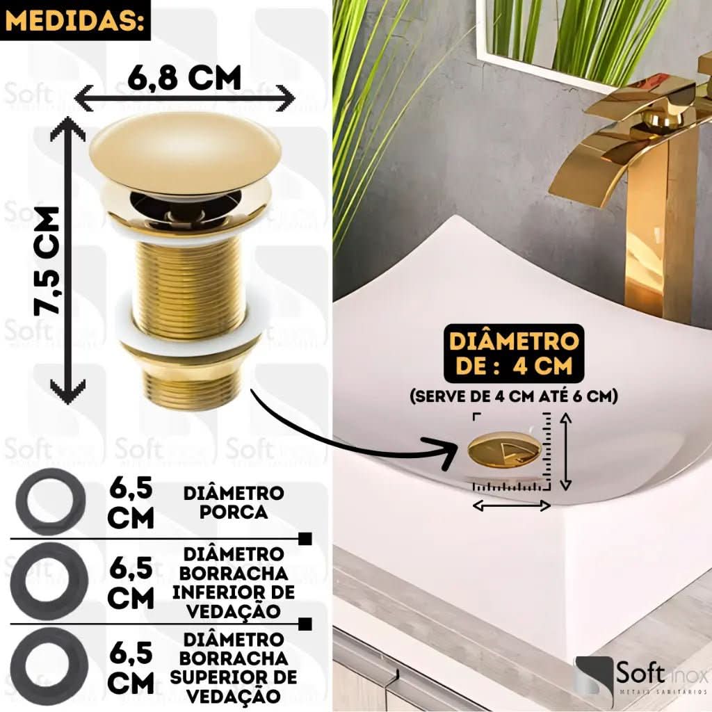 Válvula Click de Inox para Cuba de Banheiro Dourada 4cm - Morada Serena