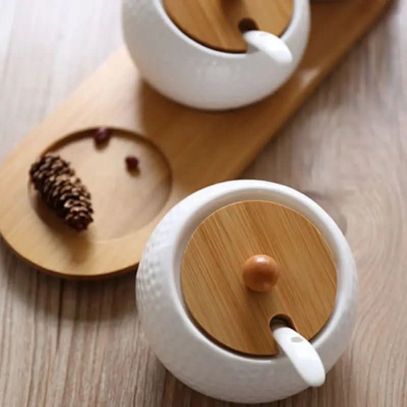 Conjuntos de Porta Temperos de Cerâmica e Base de Bambu - Organize sua Cozinha com Estilo - Morada Serena