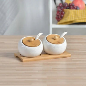 Conjuntos de Porta Temperos de Cerâmica e Base de Bambu - Organize sua Cozinha com Estilo - Morada Serena