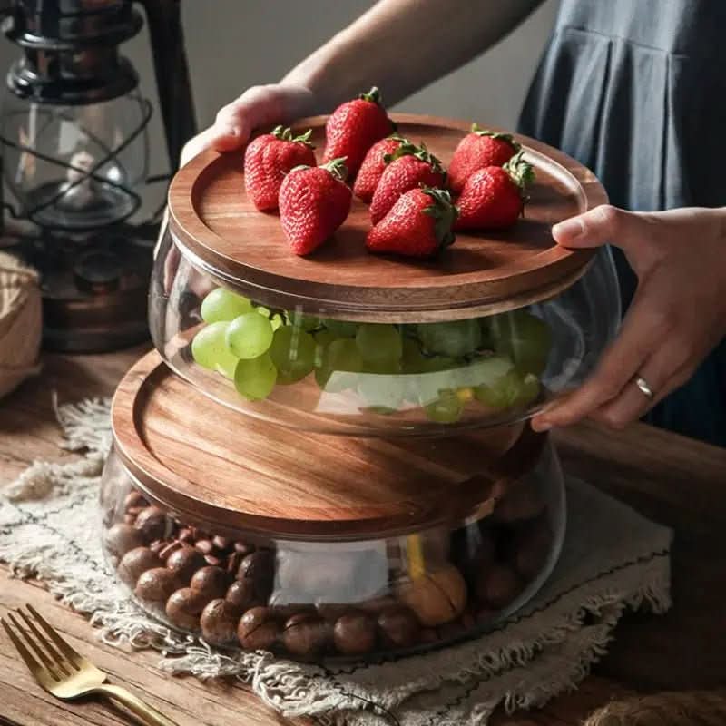 Fruteira De Mesa Com Tampa De Madeira Multifuncional: Elegância e Funcionalidade para Sua Mesa - Morada Serena