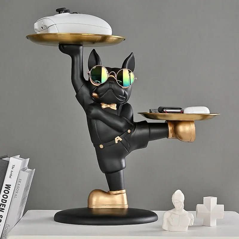 Escultura Bulldog Francês Mordomo KungFu com Bandeja Dupla - Estilo e Praticidade - Morada Serena