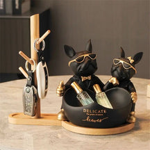 Estatueta Decorativa BullDog Francês Casal Edição Limitada - Suporte de Madeira Incluso - Morada Serena