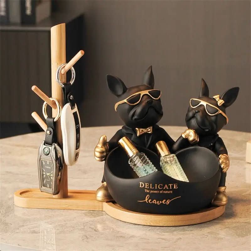 Estatueta Decorativa BullDog Francês Casal Edição Limitada - Suporte de Madeira Incluso - Morada Serena
