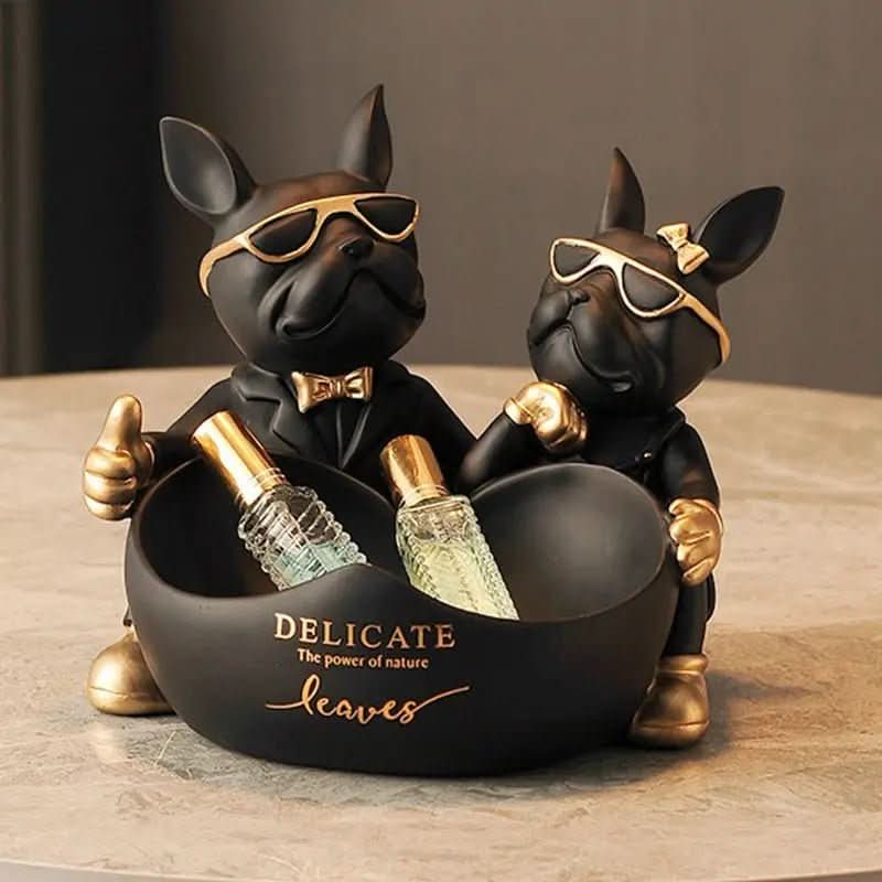 Estatueta Decorativa BullDog Francês Casal Edição Limitada - Suporte de Madeira Incluso - Morada Serena