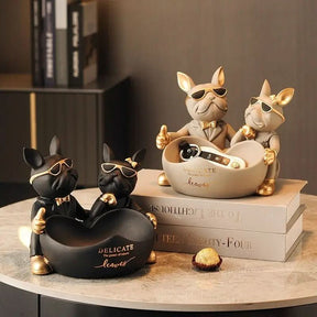 Estatueta Decorativa BullDog Francês Casal Edição Limitada - Suporte de Madeira Incluso - Morada Serena