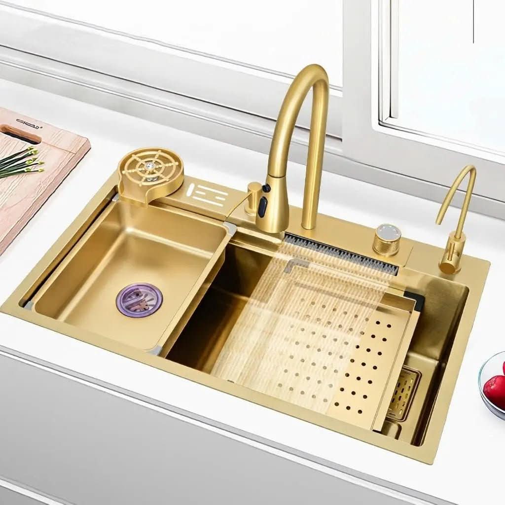Cuba Pia Dourada Cozinha Gourmet Quadrada 75x45cm Aço Inoxidável 304 Com Acessórios Completos - Morada Serena