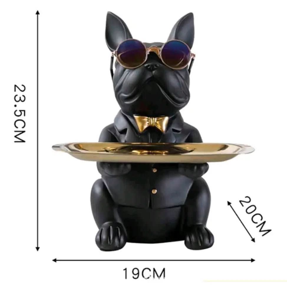 Escultura Cachorro Bulldog com Bandeja e Óculos - Morada Serena