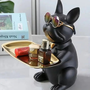 Escultura Cachorro Bulldog com Bandeja e Óculos - Morada Serena