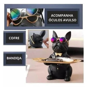 Escultura Cachorro Bulldog com Bandeja e Óculos - Morada Serena