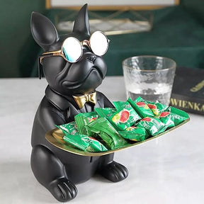 Escultura Cachorro Bulldog com Bandeja e Óculos - Morada Serena