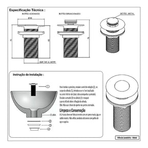 Válvula para Pia Click Up Inteligente 7/8 - Lavatório Banheiro E311 Preta - Design Funcional - Morada Serena